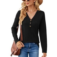 16 X BKEPDY WOMEN'S LONG SLEEVE TUNIC T SHIRTS SIMPLE SOLID COLOR COMFY V NECK BUTTON LOOSE TUNIC TEE SHIRTS TOPS PULLOVER LONG TEE TOPS S-XL (BLACK L) - TOTAL RRP £240: LOCATION - A RACK