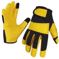 19 X ESCORT TOOLS® HEAVY DUTY LEATHER GARDENING WORK GLOVES, THORN PROOF, TOUCH SCREEN, UTILITY SAFETY WORKING GLOVES BREATHABLE, TEAR RESISTANT, HIGH DEXTERITY MECHANIC GLOVES UNISEX (YELLOW, S) - T