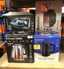 QUANTITY OF KITCHEN & APPLIANCES ITEMS TO INCLUDE RUSSELL HOBBS HONEYCOMB ELECTRIC 1.7L CORDLESS KETTLE (FAST BOIL 3KW, BLACK PREMIUM PLASTIC, MATT & HIGH GLOSS FINISH, REMOVABLE WASHABLE ANTI-SCALE