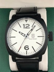 MENS FRANK SCHMIDT WATCH-LARGE BLACK CASE-WHITE PIVOT DIAL-BROWN LEATHER STRAP-3ATM WATER RESISTANT-GIFT BOX INCLUDED-EST £290: LOCATION - A