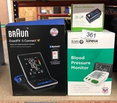 QUANTITY OF HEALTH & BEAUTY ITEMS TO INCLUDE BRAUN EXACTFIT 5 CONNECT SMART UPPER ARM BLOOD PRESSURE MONITOR - BRAUN HEALTHY HEART APP COMPATIBLE- CLINICALLY VALIDATED ACCURACY - COLOR-CODED INDICATO