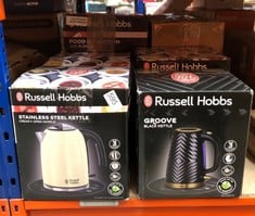 QUANTITY OF KITCHEN & APPLIANCES ITEMS TO INCLUDE RUSSELL HOBBS GROOVE ELECTRIC 1.7L CORDLESS KETTLE (FAST BOIL 3KW, BLACK TEXTURED PLASTIC WITH BRUSHED GOLD ACCENTS, REMOVABLE WASHABLE ANTI-SCALE FI