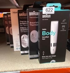 QUANTITY OF HEALTH & BEAUTY ITEMS TO INCLUDE BRAUN BODY MINI TRIMMER, GENTLE BODY HAIR REMOVAL, PRECISION TRIMMER, WET & DRY, 100% WATERPROOF, BS1000, WHITE: LOCATION - D RACK