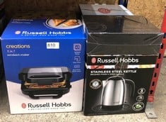 QUANTITY OF KITCHEN & APPLIANCES ITEMS TO INCLUDE RUSSELL HOBBS SANDWICH MAKER 3 IN 1 CREATIONS (WAFFLE MAKER, PANINI PRESS OR GRILL, 3 REMOVABLE PLATES WITH NON-STICK COATING, DISHWASHER SAFE PARTS,