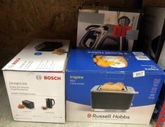 QUANTITY OF ITEMS TO INCLUDE RUSSELL HOBBS INSPIRE 2 SLICE TOASTER (EXTRA WIDE SLOTS, HIGH LIFT FEATURE, 6 BROWNING LEVELS, FROZEN/CANCEL/REHEAT FUNCTION WITH BLUE LED ILLUMINATION, 1050W, BLACK TEXT