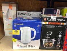 QUANTITY OF ITEMS TO INCLUDE RUSSELL HOBBS HONEYCOMB ELECTRIC 1.7L CORDLESS KETTLE (FAST BOIL 3KW, WHITE PREMIUM PLASTIC, MATT & HIGH GLOSS FINISH, REMOVABLE WASHABLE ANTI-SCALE FILTER, PUSH BUTTON L