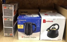 QUANTITY OF ITEMS TO INCLUDE RUSSELL HOBBS HONEYCOMB ELECTRIC 1.7L CORDLESS KETTLE (FAST BOIL 3KW, BLACK PREMIUM PLASTIC, MATT & HIGH GLOSS FINISH, REMOVABLE WASHABLE ANTI-SCALE FILTER, PUSH BUTTON L