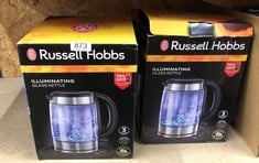 QUANTITY OF ITEMS TO INCLUDE RUSSELL HOBBS ILLUMINATING 1.7L ELECTRIC CORDLESS GLASS KETTLE WITH BLACK/BRUSHED STAINLESS STEEL ACCENTS (FAST BOIL 3KW, WASHABLE ANTI-SCALE FILTER, BUTTON TO OPEN LID,