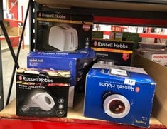 QUANTITY OF KITCHEN & APPLIANCES ITEMS TO INCLUDE RUSSELL HOBBS FOOD COLLECTION ELECTRIC HAND MIXER WITH 6 SPEEDS, EASY RELEASE BUTTON, FINGERTIP SPEED CONTROL, CHROME BEATERS, WRAP AROUND CORD STORA