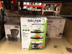 QUANTITY OF KITCHEN & APPLIANCES ITEMS TO INCLUDE SALTER 3 TIER ELECTRIC FOOD STEAMER - 7.5L, STACKABLE STEAMING BASKETS, DISHWASHER SAFE, BPA FREE INCLUDES RICE BOWL, 60 MINUTE TIMER, COMPACT STORAG