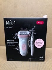 QUANTITY OF  ITEMS TO INCLUDE BRAUN SILK-ÉPIL 7, EPILATOR WITH WIDE HEAD FOR EASY HAIR REMOVAL, WET & DRY, LASTING SMOOTH SKIN, WITH BIKINI TRIMMER, 7-210, WHITE/FLAMINGO: LOCATION - C