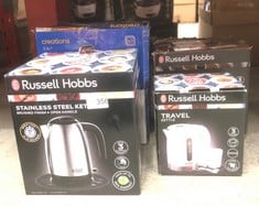 QUANTITY OF KITCHEN & APPLIANCES ITEMS TO INCLUDE RUSSELL HOBBS ELECTRIC 0.85L TRAVEL KETTLE, SMALL & COMPACT, DUAL VOLTAGE, IDEAL FOR ABROAD/CARAVAN/CAMPING, INC 2 CUPS & SPOONS, REMOVABLE WASHABLE