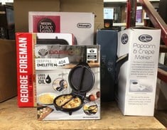 QUANTITY OF KITCHEN & APPLIANCES ITEMS TO INCLUDE DAEWOO 750W DEEP FILL NON-STICK OMELETTE MAKER - COOL TOUCH HANDLES - POWER ON/READY INDICATOR LIGHTS - EASY TO CLEAN - STAINLESS STEEL AND BLACK FIN