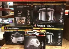 QUANTITY OF  KITCHEN AND APPLIANCES TO INCLUDE RUSSELL HOBBS FOOD COLLECTION ELECTRIC HAND MIXER WITH 6 SPEEDS, EASY RELEASE BUTTON, FINGERTIP SPEED CONTROL, CHROME BEATERS, WRAP AROUND CORD STORAGE,