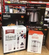 QUANTITY OF KITCHEN & APPLIANCES ITEMS TO INCLUDE RUSSELL HOBBS BRUSHED STAINLESS STEEL & BLACK ELECTRIC 1.7L CORDLESS KETTLE WITH BLACK HANDLE (FAST BOIL 3KW, REMOVABLE WASHABLE ANTI-SCALE FILTER, P