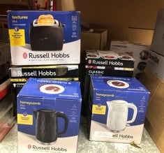 QUANTITY OF KITCHEN & APPLIANCES ITEMS TO INCLUDE RUSSELL HOBBS HONEYCOMB ELECTRIC 1.7L CORDLESS KETTLE (FAST BOIL 3KW, BLACK PREMIUM PLASTIC, MATT & HIGH GLOSS FINISH, REMOVABLE WASHABLE ANTI-SCALE