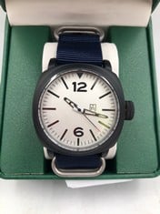 MENS FRANK SCHMIDT WATCH-LARGE BLACK CASE-WHITE PILOT DIAL BLUE FABRIC STRAP 3ATM WATER RESISTANT GIFT BOX INCLUDED EST £290: LOCATION - TOP 50 RACK