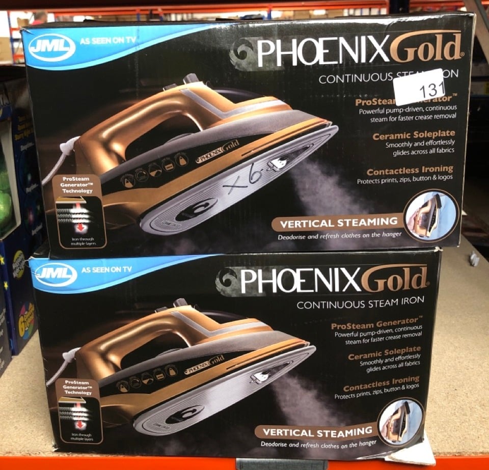 6 X PHOENIX GOLD IRON WITH BUILT-IN STEAM GENERATOR & CERAMIC SOLE PLATE EASY & SAFE: LOCATION - B RACK