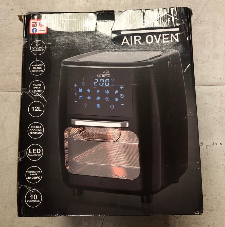 12L AIR FRYER OVEN - 4 IN 1 ROTISSERIE AIRFRYER TO COOK, FRY, ROAST, BAKE AND DEHYDRATE, NO OIL FRY, LARGE TOUCHSCREEN, 10 PRE SET MODES, REHEAT MODE - 2 AIR FLOW RACKS, CAGE AND DRIP TRAY.: LOCATION