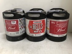 3 X ASSORTED PERFECT DRAFT BEER KEGS 6L TO INCLUDE BUDWEISER 5.0% (18+ PROOF OF ID) (COLLECTION DAYS MONDAY 4th NOVEMBER - WEDNESDAY 6TH NOVEMBER 9AM TO 4PM)