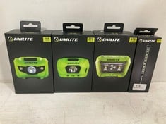 4 X ASSORTED ITEMS TO INCLUDE UNILITE 475 LUMEN RECHARGEABLE HEADTORCH HL-8R