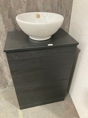 ATHENA FLOOR STANDING 2 DRAWER VANITY UNIT 600MM - HACIENDA BLACK TO INCLUDE ARNO 600MM WORKTOP - CHARCOAL BLACK, BINSEY HIGH RISE MONO BASIN MIXER - BRUSHED BRASS AND ROUND CERAMIC WHITE VESSEL WITH