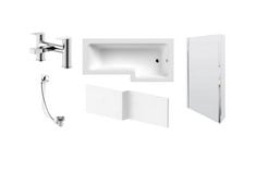 L-SHAPED BATH SCREEN 6MM - POLISHED CHROME TO INCLUDE SOTTILE BATH FILLER AND POP UP BATH WASTE, 1700MM RIGHT HAND SQUARE SHOWER BATH AND L-SHAPE SHOWER BATH FRONT PANEL 1700MM - WHITE - TOTAL RRP £1