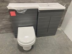 BATHROOM SUITE IN MATT BLACK AND ANTHRACITE WOODGRAIN TO INCLUDE FUSION RIGHT HAND SQUARE L-SHAPED 1 TAP HOLE POLYMARBLE BASIN 1200MM, CANADA HIGH-RISE MONO BASIN MIXER, FUSION FITTED FLOOR STANDING