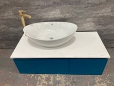 CALYPSO ADELFIA COMPLEMENT VANITY UNIT - CELESTIAL BLUE, MARBLE WORKTOP, OVAL CERAMIC VESSEL BASIN, HIGH RISE MONO BASIN MIXER BRUSHED BRASS - RRP £1405