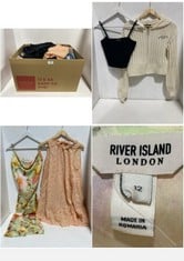 BOX OF ASSORTED ADULT CLOTHING TO INCLUDE PRETTY LITTLE THING PETITE ZIPPED KNITTED HOODED JACKET CREAM SIZE 6