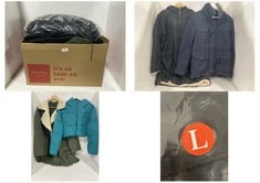 BOX OF 6 X ASSORTED ADULT COATS/JACKETS TO INCLUDE BLACK HOODED COAT WITH SHERPA LINING SIZE LG