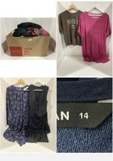 BOX OF APPROX 30 X ASSORTED ADULT CLOTHING TO INCLUDE ROMAN LONG SLEEVE WAIST SHIRRED DRESS NAVY SIZE 14