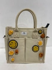 SMILEY HAPPY COLLECTION EMBROIDERED CANVAS HANDBAG TAN