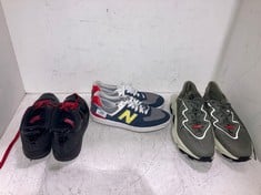 3 X ASSORTED SHOE ITEMS TO INCLUDE NIKE AIR FAUX LEATHER TRAINERS BLACK / RED - SIZE UNKNOWN