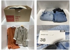 BOX OF ASSORTED CLOTHES TO INCLUDE ZARA WOMENS BAGGY JEANS IN LIGHT WASH SIZE 38