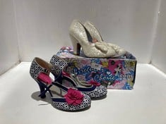 IRREGULAR CHOICE WOMENS STILETTO HEELS IN CREAM GLITTER SIZE EU38 TO INCLUDE RUBY SHOO WOMENS HEELS IN NAVY / WHITE WITH PINK FLOWER SIZE 4