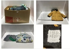 BOX OF APPROX 30 X ASSORTED KIDS CLOTHING TO INCLUDE FRED & FLO JACKET YELLOW WITH FAUX FUR TRIM HOOD SIZE 3-6MTHS