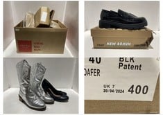 BOX OF ASSORTED ADULT FOOTWEAR TO INCLUDE SILVER COWBOY BOOTS SIZE 39