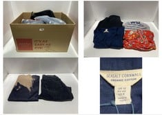 BOX OF ASSORTED ADULT CLOTHING TO INCLUDE SEASALT CORNWALL HOPE COTTAGE EMBROIDERED BLOUSE NAVY SIZE 12