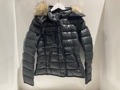 MONCLER PUFFER JACKET BLACK SHINE WITH FAUX FUR TRIM HOOD SIZE 1