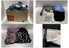 BOX OF ASSORTED ADULTS CLOTHES TO INCLUDE PIXIEGIRL LEOPARD PRINT DRESS SIZE 10