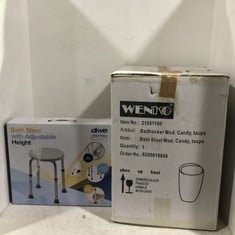 WENKO CANDY TAUPE LAUNDRY BIN & BATHROOM STOOL 21951100 TO INCLUDE DRIVE DEVILBISS HEALTHCARE BATH STOOL WITH ADJUSTABLE HEIGHT