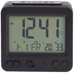 24 X BASICS TABLETOP SQUARE DIGITAL ALARM CLOCK WITH LIGHT, TEMPERATURE & DATE DISPLAY, BLACK, 1.9" X 3.7" X 3.5".