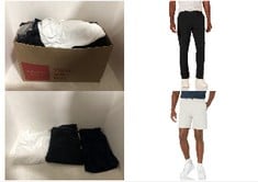 30X ASSORTED CLOTHING TO INCLUDE ESSENTIALS MEN'S CLASSIC-FIT 7 INCH CHINO SHORTS, SILVER, 38W, ESSENTIALS MEN'S SLIM-FIT CASUAL STRETCH CHINO TROUSER, BLACK, 36W / 32L.