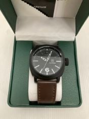 MEN’S FRANK SCHMIDT WATCH LARGE BLACK CASE WITH BROWN STRAP .