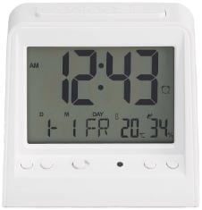 30 X BASICS TABLETOP TRIANGULAR DIGITAL ALARM CLOCK WITH LIGHT, TEMPERATURE & DATE DISPLAY, WHITE, 2.4 IN X 3.8 IN X 3.6 IN.