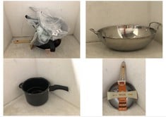 5 X ASSORTED KITCHEN ITEMS TO INCLUDE SCHOOL OF WOK 12" CARBON STEEL FLAT BOTTOM WOK