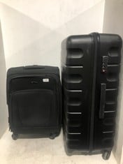 2 X JOHN LEWIS TRAVEL CASES SPINNERS 1 X BLACK FABRIC SMALL, 1 X BLACK HARDSHELL LARGE (WHEEL MISSING)