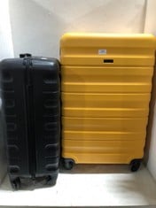 2 X JOHN LEWIS TRAVEL CASES HARDSHELL SPINNERS 1 X BLACK SMALL/MEDIUM, 1 X YELLOW MEDIUM/LARGE (WHEEL MISSING)