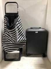 JOHN LEWIS TRAVEL CASE GREY HARDSHELL SMALL SPINNER TO INCLUDE ROLSER SHOPPING TROLLEY BLACK/WHITE STRIPE